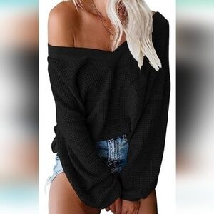 Off the shoulder oversized black waffle knit pullover sweater size 2X